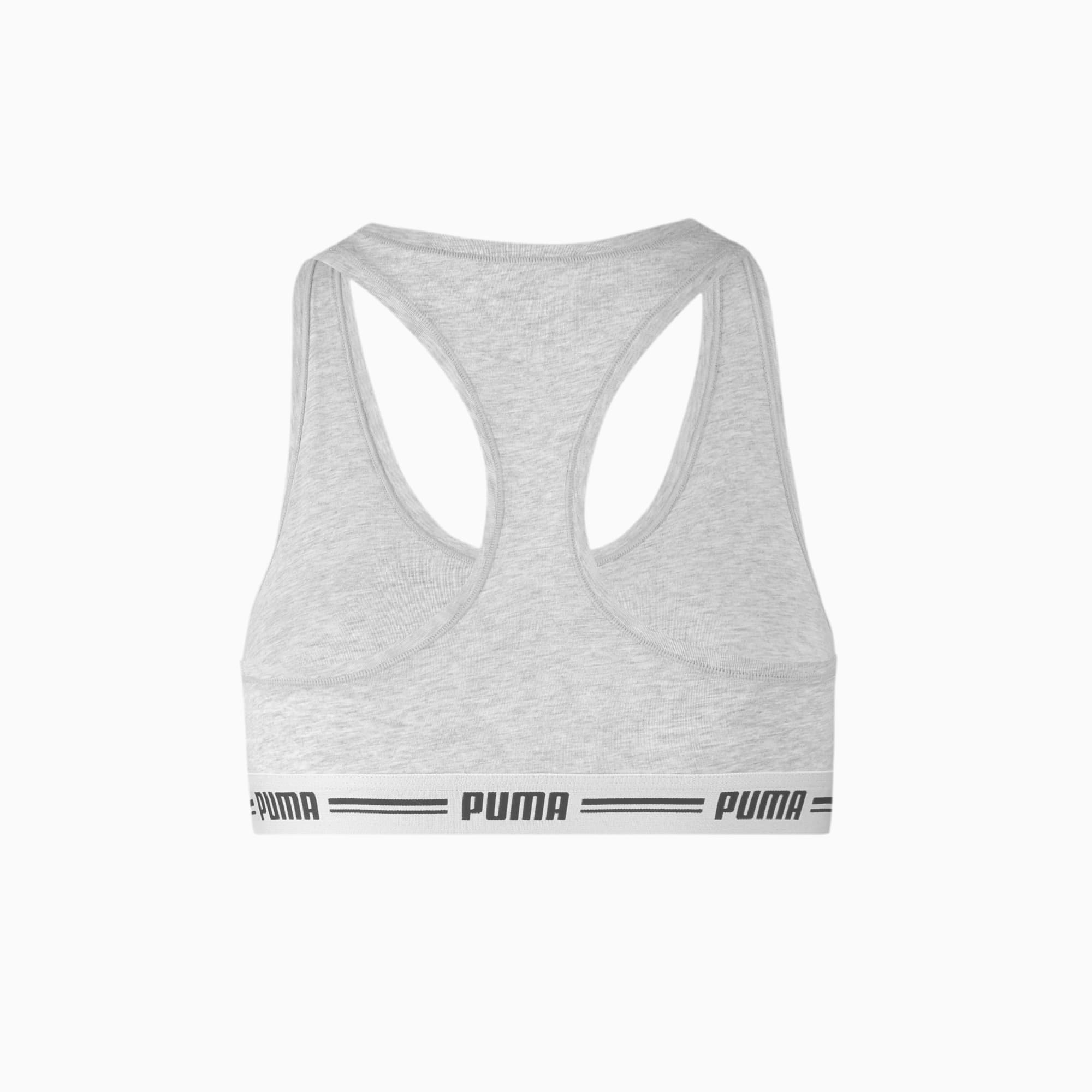 Haut court PUMA gris pour femme avec dos nageur et bande logo.