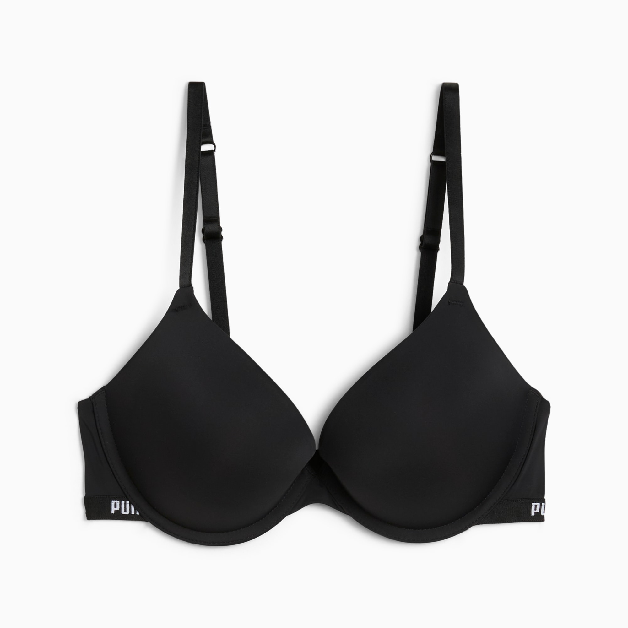 Zwarte PUMA dames bh met dunne, verstelbare bandjes en logo detail op de band.