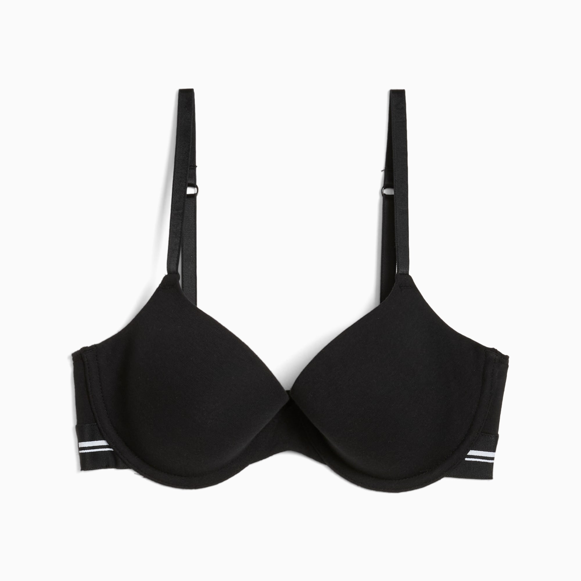 Reggiseno PUMA nero da donna con spalline sottili regolabili e dettaglio fascia a righe.