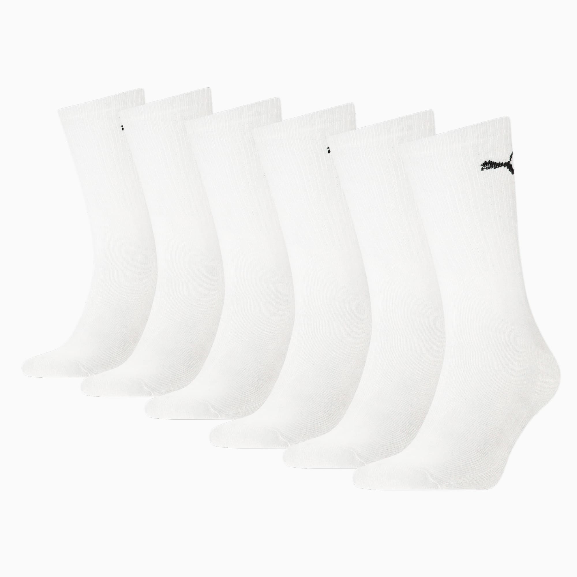 Six paires de chaussettes blanches PUMA pour adultes, avec logo noir.