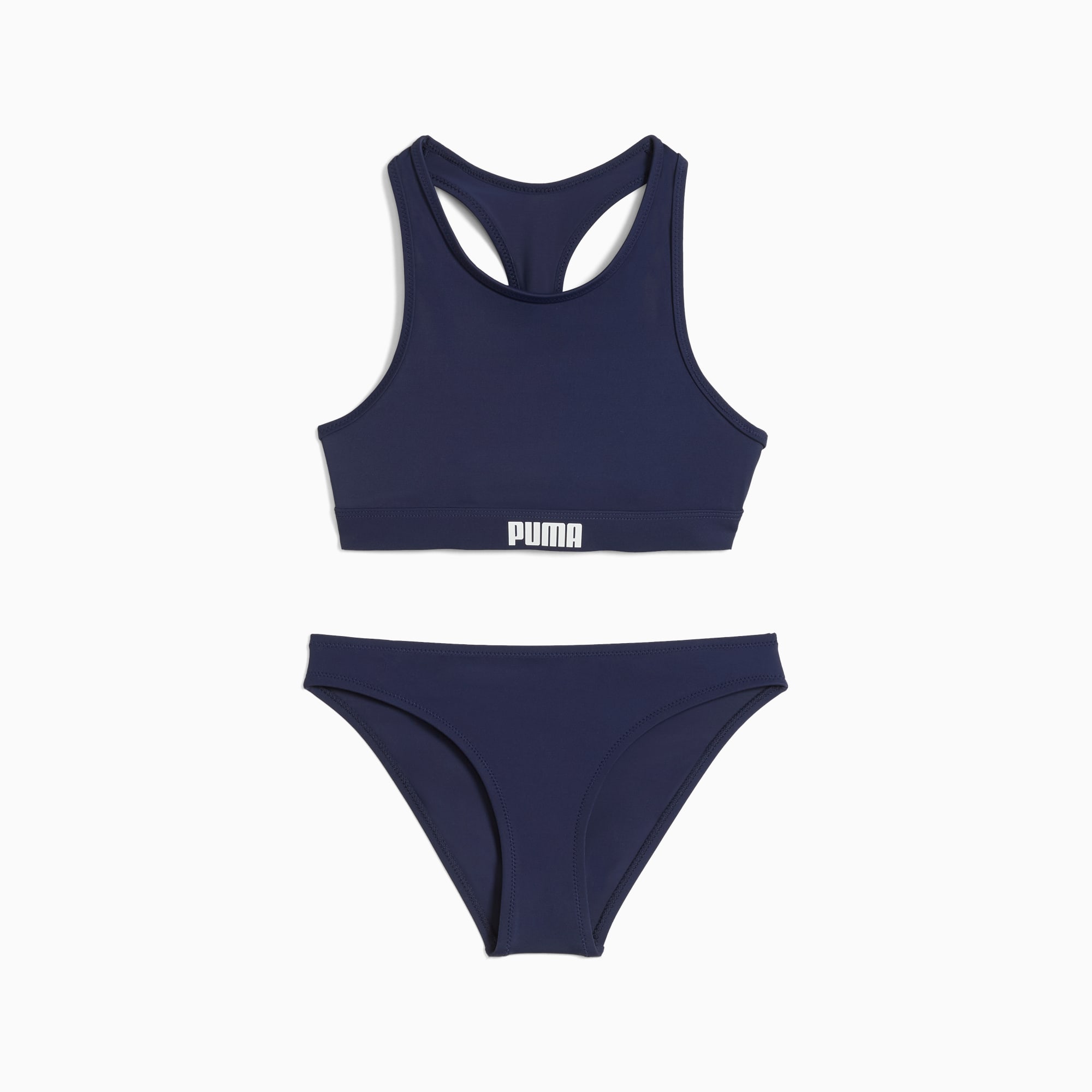 Marineblauwe PUMA zwemkleding voor dames, met sporttop en klassiek bikinibroekje.