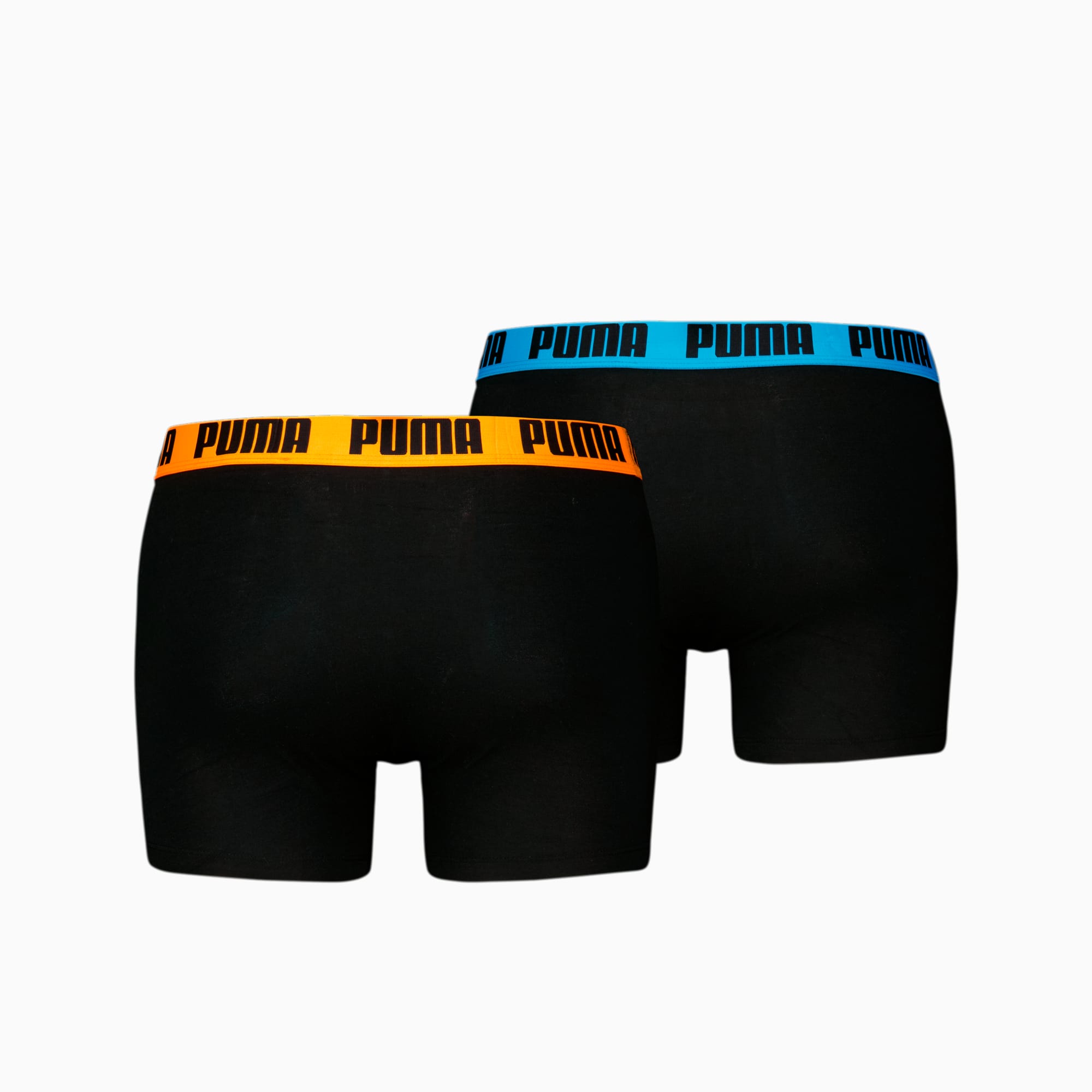 Twee zwarte PUMA heren boxershorts met een merk tailleband in oranje en blauw.