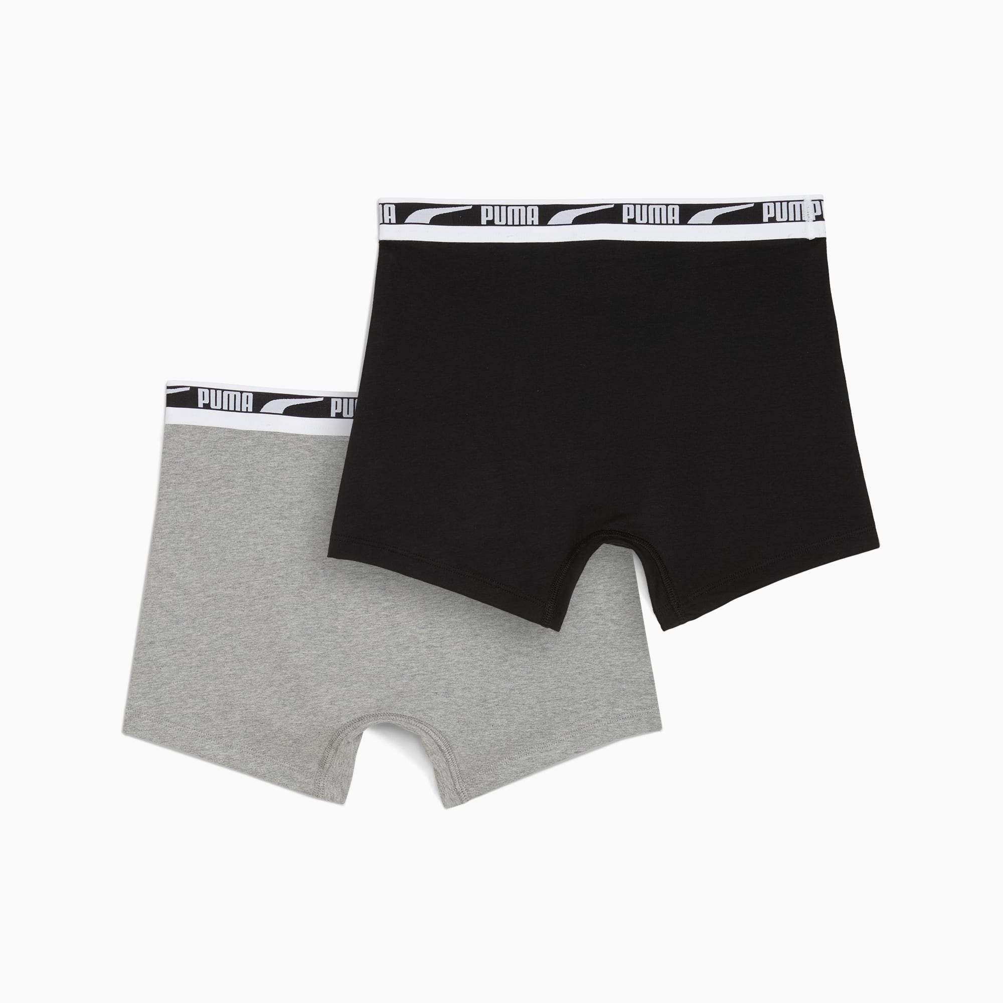 Graue und schwarze PUMA Herren-Boxershorts mit gebrandetem Gummibund.