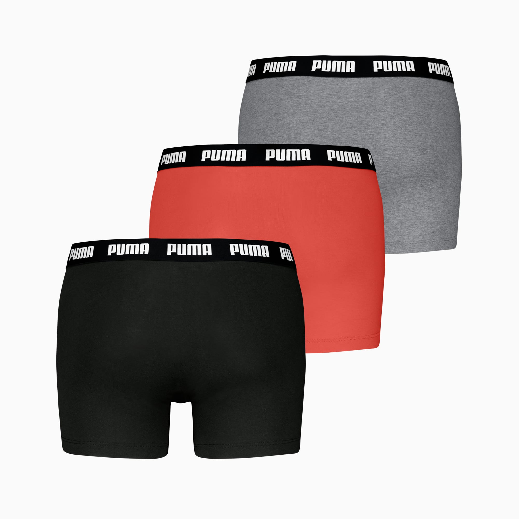 Black, red and grey PUMA men's trunks with a branded waistband, in a pack of three.