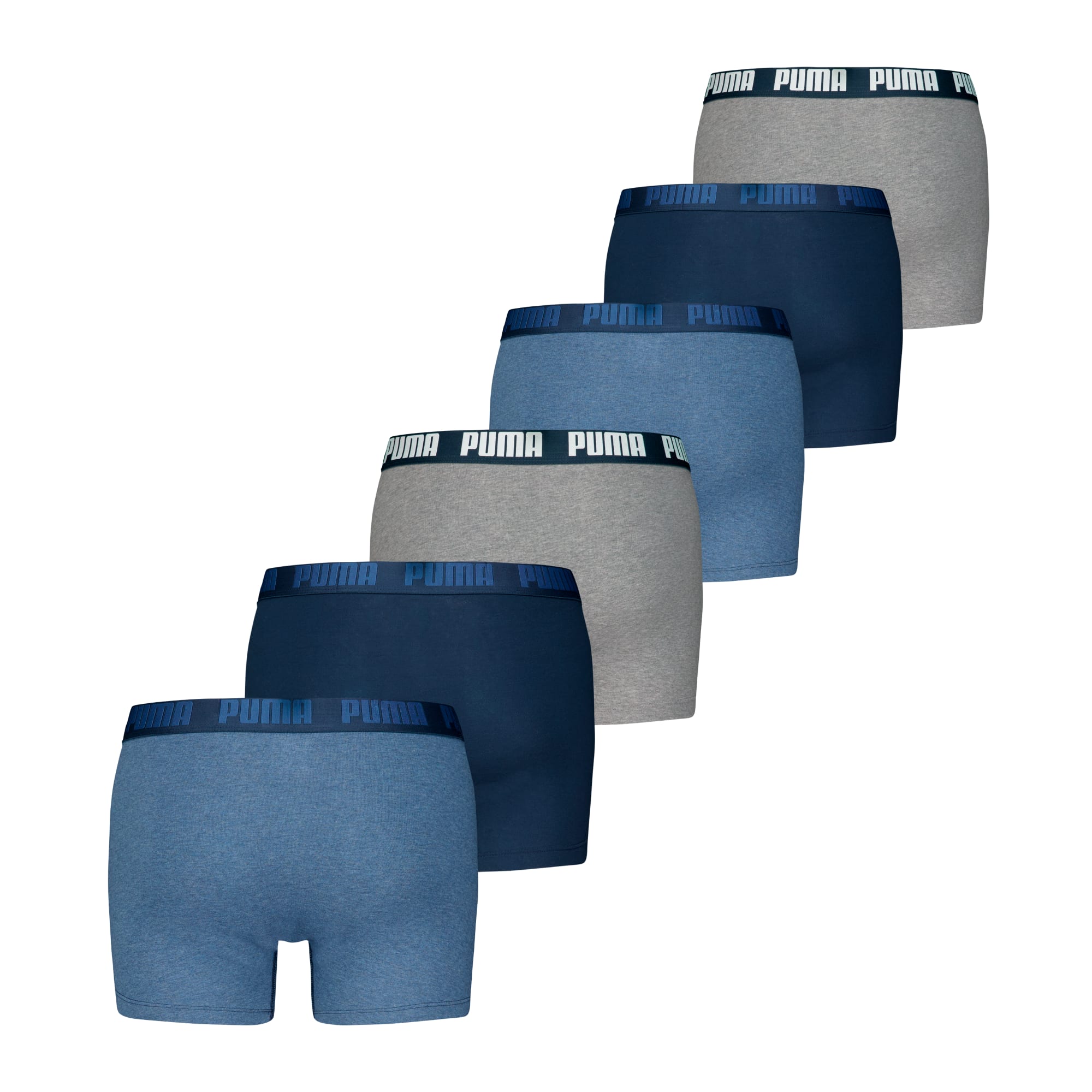 Graue, marineblaue und blaue PUMA Herren Boxershorts mit Markentaille.