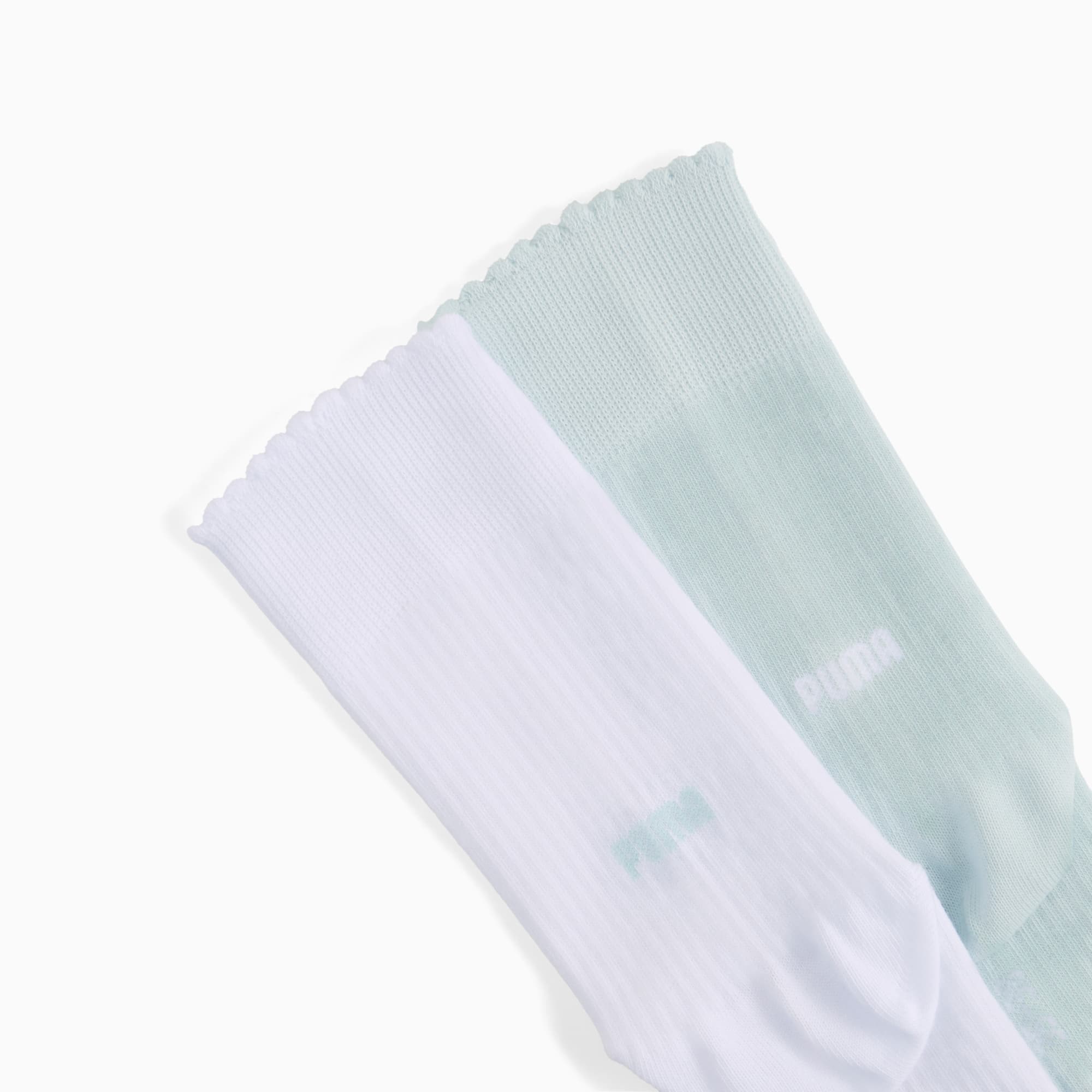 Witte en lichtgroene PUMA sokken met ribstructuur en geschulpte rand.