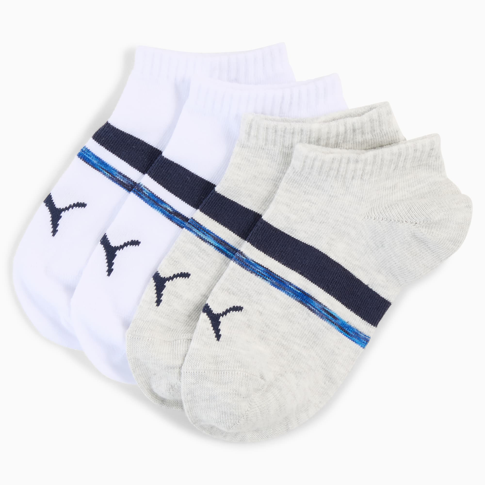 Witte en grijze PUMA sokken voor volwassenen met marineblauwe en blauwe strepen en logo.