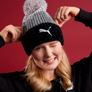 PUMA Women's Pom Pom Beanie, Puma Black-Medium Gray Heather-Light Gray Heather, extralarge-IND