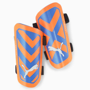 ULTRA Light Strap Football Shin Guards, Ultra Orange-Blue Glimmer