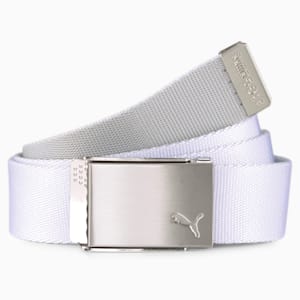 White PUMA golf belt featuring a silver tone buckle with the brand's logo on the front.