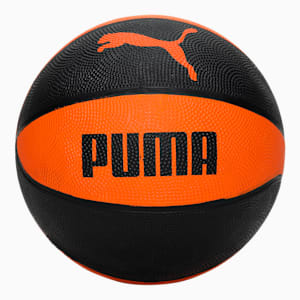 Black and orange PUMA ball with textured panels and the brand's logo.