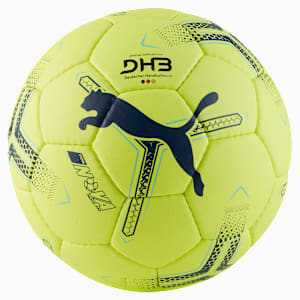 Yellow PUMA handball for match play, featuring dark blue logo and patterned design elements.