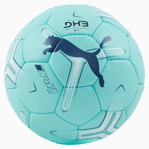 Aqua PUMA match ball with dark blue logo and white pattern design.