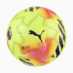 Yellow PUMA football for adults, featuring Premier League logos and geometric patterns.