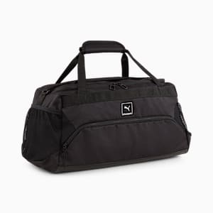 Black PUMA training holdall with mesh side pockets and top carry handles.