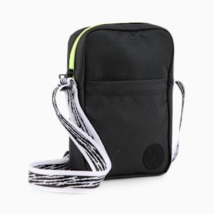 Black PUMA Reporter bag for adults with a BVB logo and a striped shoulder strap.
