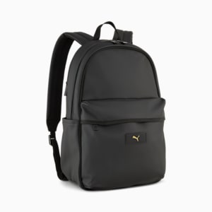Black PUMA backpack with front pocket and golden logo detail.