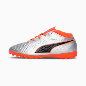 PUMA ONE 4 Synthetic Youth Football Shoes, Silver-Orange-Black