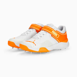 PUMA Bowling 22.1 Unisex Cricket Shoes, PUMA White-Ultra Orange-Fast Yellow, extralarge-IND