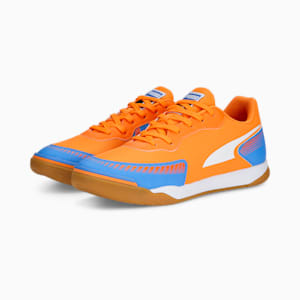 Pressing III Unisex Indoor Turf Football Shoes, Ultra Orange-PUMA White-Blue Glimmer