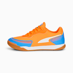 Pressing III Unisex Indoor Turf Football Shoes, Ultra Orange-PUMA White-Blue Glimmer