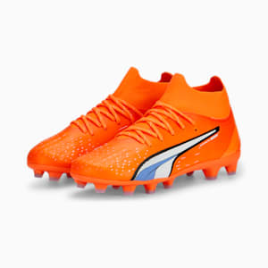 Botines de fútbol ULTRA Pro FG/AG para niños grandes, Ultra Orange-PUMA White-Blue Glimmer