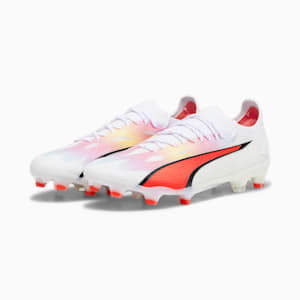 Tacos de fútbol ULTRA ULTIMATE FG/AG para mujer, PUMA White-PUMA Black-Fire Orchid, extralarge