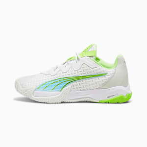 NOVA Elite Court Shoes, PUMA White-Luminous Blue-Fizzy Apple-Shadow Gray, extralarge