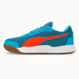 PUMA Shuttle Aero Unisex Indoor Sports Shoes, Ibiza Blue-Cherry Tomato-PUMA White, extralarge-IND