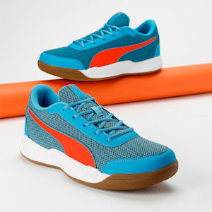 PUMA Shuttle Aero Unisex Indoor Sports Shoes, Ibiza Blue-Cherry Tomato-PUMA White, extralarge-IND