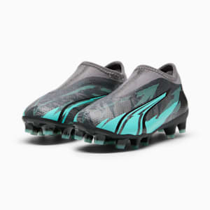 ULTRA MATCH RUSH Laceless Firm Ground/Artificial Ground Kids' Soccer Cleats, Strong Gray-PUMA White-Elektro Aqua, extralarge