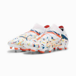 FUTURE 7 ULTIMATE CREATIVITY Firm Ground/Artificial Ground Men's Soccer Cleats, PUMA White-Ocean Tropic-Turquoise Surf-Hot Heat-Sun Stream, extralarge