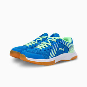 Badminton Smash Sprint Unisex Indoor Sports Shoes, Racing Blue-Speed Green-PUMA White, extralarge-IND