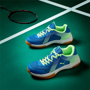 Badminton Smash Sprint Unisex Indoor Sports Shoes, Racing Blue-Speed Green-PUMA White, extralarge-IND