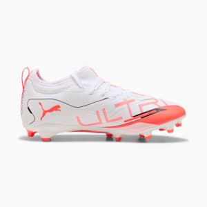 ULTRA 5 MATCH Firm Ground/Artificial Ground Big Kids' Soccer Cleats, PUMA White-PUMA Black-Glowing Red, extralarge