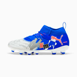 FUTURE 8 MATCH FOREVER Firm Ground/Artificial Ground Big Kids' Soccer Cleats, PUMA White-Ultra Blue-Feather Gray-PUMA Black-Glowing Red, extralarge