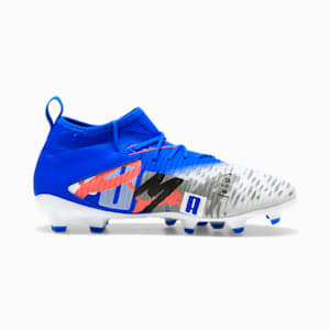 FUTURE 8 MATCH FOREVER Firm Ground/Artificial Ground Big Kids' Soccer Cleats, PUMA White-Ultra Blue-Feather Gray-PUMA Black-Glowing Red, extralarge