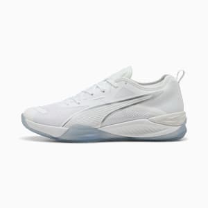 White PUMA unisex shoe with silver logo and translucent sole.