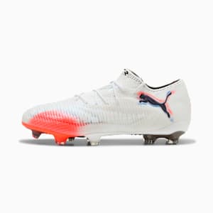 White PUMA football boot with red and blue accents, designed for playing on grass.
