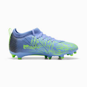 Tacos de fútbol PUMA x CHRISTIAN PULISIC ULTRA 5 MATCH Chasing the Dream Terreno firme/artificial para niños grandes, Elektro Purple-Green Glare-PUMA Black, extralarge