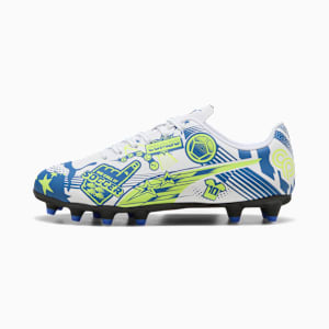 ULTRA Christian Pulisic Legacy KIds' Firm/Artificial Ground Soccer Cleats, PUMA White-Lake Blue-Yellow Alert, large