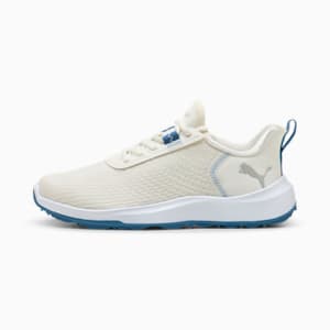 Off-white PUMA ladies' shoe with a blue sole and the brand's logo on the side.