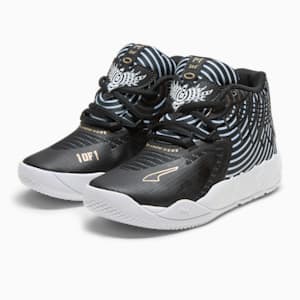 PUMA x LAMELO BALL MB.01 Rare Reserve Stripes Little Kids' Basketball Shoes, PUMA Black-PUMA White-PUMA Gold, extralarge