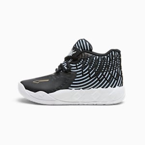 PUMA x LAMELO BALL MB.01 Rare Reserve Stripes Little Kids' Basketball Shoes, PUMA Black-PUMA White-PUMA Gold, extralarge