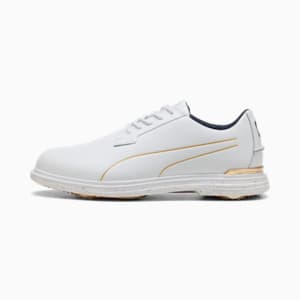 White PUMA golf shoe, men's, with gold stripe detail and speckled sole.