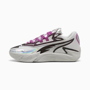 Grey PUMA women's trainer with purple laces and silver and brown decorative elements.