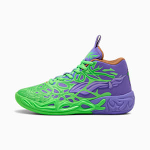 Chaussures de basketball PUMA x LAMELO BALL x TMNT MB.04 Raphael &amp; Donatello Enfant et adolescent, Fluro Green Pes-PUMA Red-Dark Amethyst, extralarge