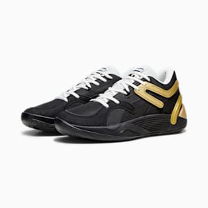 TRC Blaze Court Basketball Shoes, PUMA Black-Sedate Gray-PUMA White-Metallic Gold, extralarge