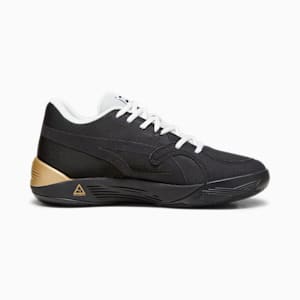 メンズ TRC ブレイズ コート バスケットボールシューズ, PUMA Black-Sedate Gray-PUMA White-Metallic Gold, extralarge-JPN