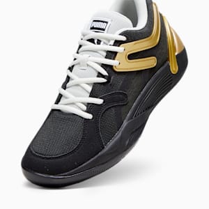 Zapatos de básquetbol TRC Blaze Court, PUMA Black-Sedate Gray-PUMA White-Metallic Gold, extragrande